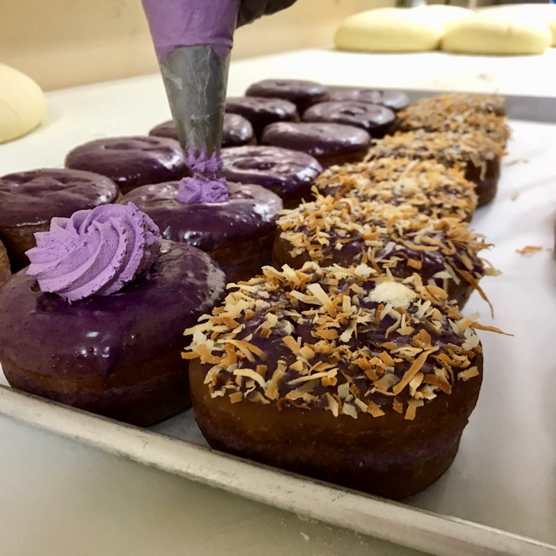 ube donuts with toasted coconut